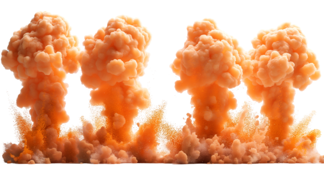 Orange Ink Explosions Abstract Digital Art, Colorful Fluid Burst for Design, isolated on transparent background.