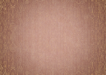 Hand-drawn abstract ornament. Light semi transparent pale pink and golden splatter on a pale pink back, with vignette of same pattern in gold on a darker color. Paper texture. A4. (pattern: p14a)