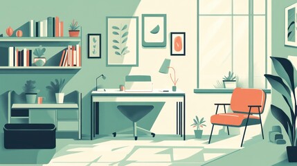 Modern home office interior design, minimalist style, sunlight through window, illustration, photorealistic, for digital products, marketing materials