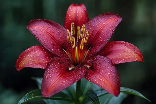 close-up of a bright red lily flower. The petals of the flower are covered with water droplets, giving it a fresh and sophisticated look.  