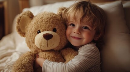 Happy child hugging teddy bear in bed, smiling and feeling safe