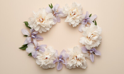 Circular arrangement of white peonies and light-colored flowers, offering a delicate and calming design
