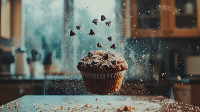 A Delicious Chocolate Chip Muffin in mid-air, Suspended in Time and Sprinkled with a touch of magic. A delightful burst of flavor, captured in a moment of pure culinary bliss.
