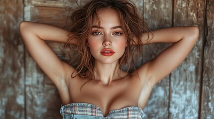 Naklejka premium Woman posing rustic wooden background beauty portrait
