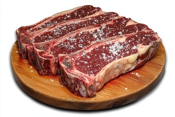 Traditional barbecue dry aged wagyu entrecote beef steak sliced with salt and spice as closeup on modern design wooden cutting board