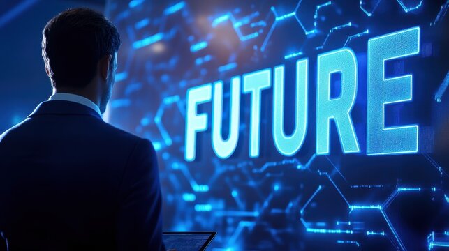 Backview businessman with "Future" letter on data screen symbolizes the power of artificial intelligence.