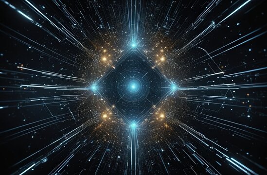 3D Quantum Computing Concept with Abstract Digital Particles. Tech industry marketing, research presentations, AI and computing visuals, data science branding, wallpaper, background, banner, poster