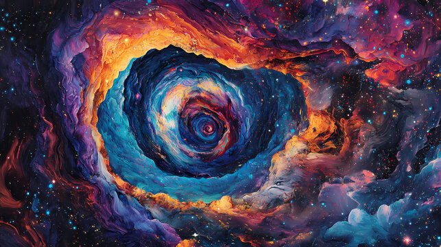 A vibrant, swirling cosmic vortex filled with colors, stars, and galactic patterns evoking a sense of wonder. Galactic Optical Illusions. Illustration