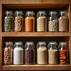 A neatly arranged wooden shelf filled with glass jars containing dried beans, grains, and spices, promoting zero-waste and sustainable storage.