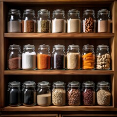 A neatly arranged wooden shelf filled with glass jars containing dried beans, grains, and spices, promoting zero-waste and sustainable storage.