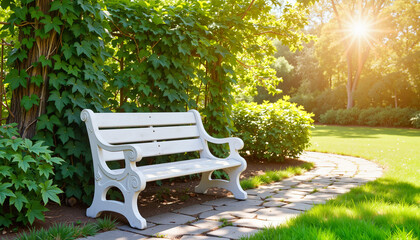 Fototapeta premium White bench amidst lush greenery in tranquil garden