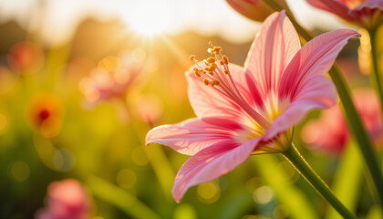 Fototapeta premium Close-up of pink flower blooming in sunlight