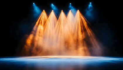 Stage Lighting, Orange and Blue Spotlights, Dramatic Effect, Empty Stage, Use Stock Photography