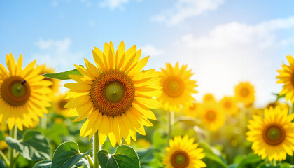 Fototapeta premium Sunflower field blooming under sunny sky
