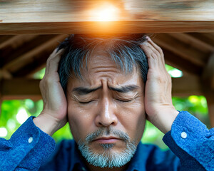 Stressed Asian man under wooden gazebo, seeking relief, possible stock photo