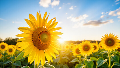 Obraz premium Sunflower blooming in field at sunrise