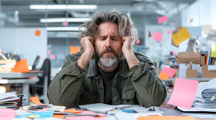 Stressed businessman overwhelmed by work in messy office. Possible use Stock photo for articles, presentations, or websites about work-life balance, stress management, or office culture