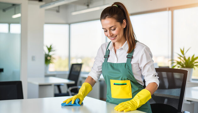 Smiling woman cleaning office desk with cloth in bright workspace
