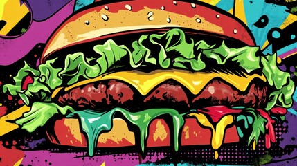 A juicy, mouthwatering burger depicted in vibrant, graffiti-style art.  The burger overflows with cheese, lettuce, and colorful sauces, creating a dynamic and visually appealing image.
