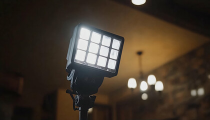 Bright LED light illuminates dark room, spotlight on tripod, blurred background