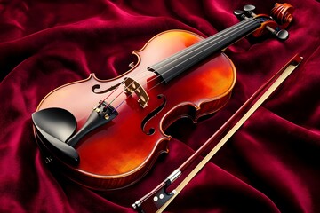 Fototapeta premium violin, classical violin, musical instrument, elegant violin, vintage violin, wooden violin, glossy finish, violin bow, deep red fabric, velvet background