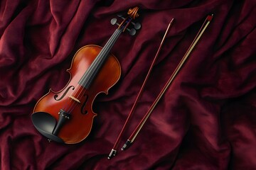 Fototapeta premium violin, classical violin, musical instrument, elegant violin, vintage violin, wooden violin, glossy finish, violin bow, deep red fabric, velvet background