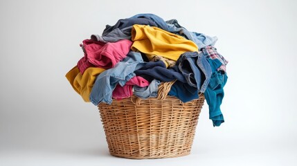 Laundry basket full of clothes isolated on white