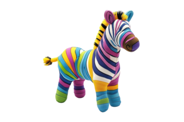 Brightly colored plush zebra standing proudly against a white backdrop in a playful pose isolated on transparent background