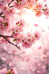 Cherry blossoms blooming with petals falling in soft light