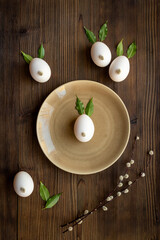 Plate with Easter bunny made of eggs and willow buds. Happy Easter concept