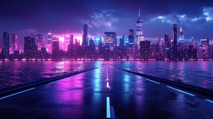 Fototapeta premium Night Cityscape Road Leading to Illuminated Skyline