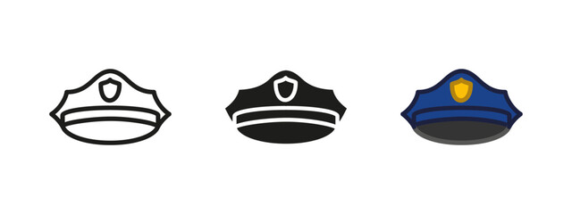 Policeman hat icon. Classic police officer uniform cap. Law enforcement headgear vector illustration. Security authority badge accessory. Professional patrol duty protection.