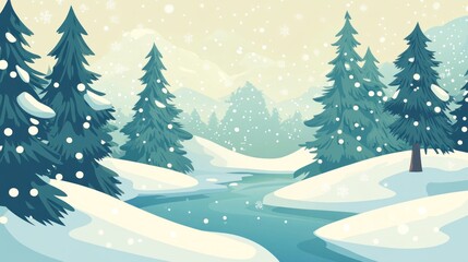 Obraz premium Snowy Winter Landscape With River And Pine Trees