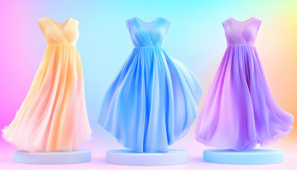 Obraz premium Three pastel colored flowing dresses on podiums. Fashionable display