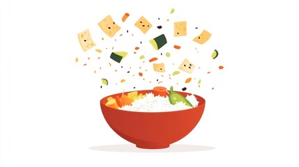 Colorful poke bowl ingredients flying