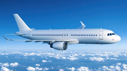Obraz premium Airplane soaring above clouds in clear blue sky