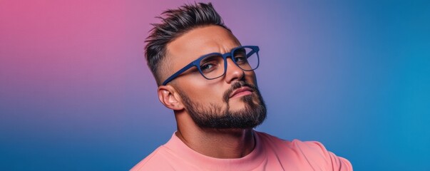 Elevate your brand Captivating image of a man in glasses with a clean, geometric backdrop perfect for personal branding in social media marketing Unlock your online potential with visuals that speak