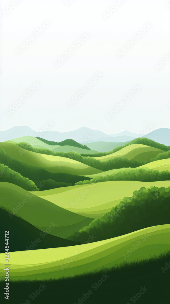 Poster green landscape with rolling hills covered in grass and trees, creating a peaceful and serene atmosp