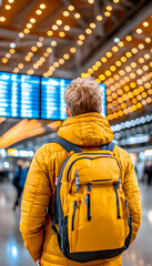 Obraz premium Traveler at airport looking at flight board. Possible use Stock photo for travel advertising