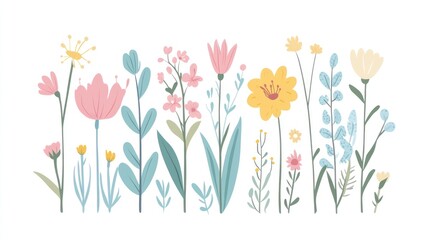 Floral illustration collection, pastel flowers, various types, flat design, background white