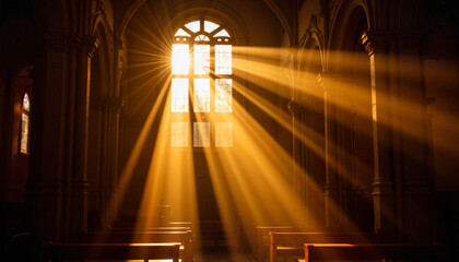 Sunlight streaming through church window illuminating pews