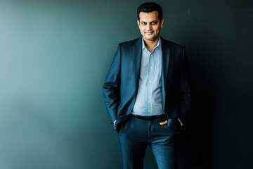 Obraz premium An Indian business professional standing with one hand in a pocket and the other gesturing lightly, conveying a mix of confidence and ease