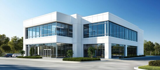 Two-level office complex characterized by its typical appearance in a suburban setting.