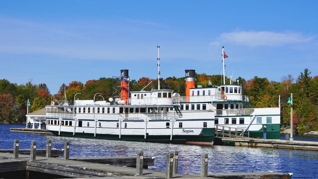 Gravenhurst Ontario Oct 5,2022 The RMS Segwun, North America&rsquo;s oldest operating steamship and the Wenonah II docked  the Discovery Centre inGravenhurst .  Both ships cruise the Muskoka Lakes
