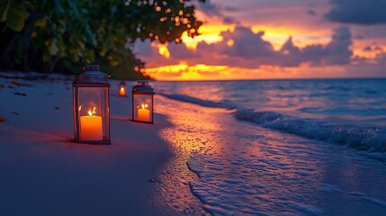 Lanterns glowing on beach at sunset high resolution hd picture