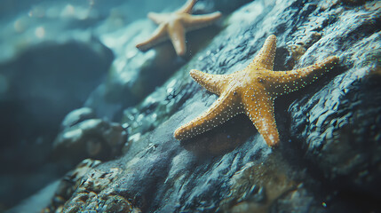 Close-up view of starfish on a rock surface. Bioluminescent Tidal Pools. Illustration