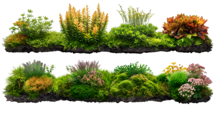 Lush Green Plants Mossy Garden Texture, Spring and Summer Botanical Design, isolated on transparent background.