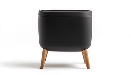 Chic modern garbage bin with wooden legs, isolated on white background, ultra HD photo,