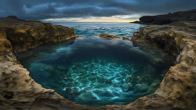 Ethereal tide pool wonders: surreal underwater seascape. Bioluminescent Tidal Pools. Illustration