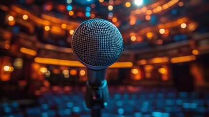 Stage microphone, theater, performance, lights, audience, concert, music, event